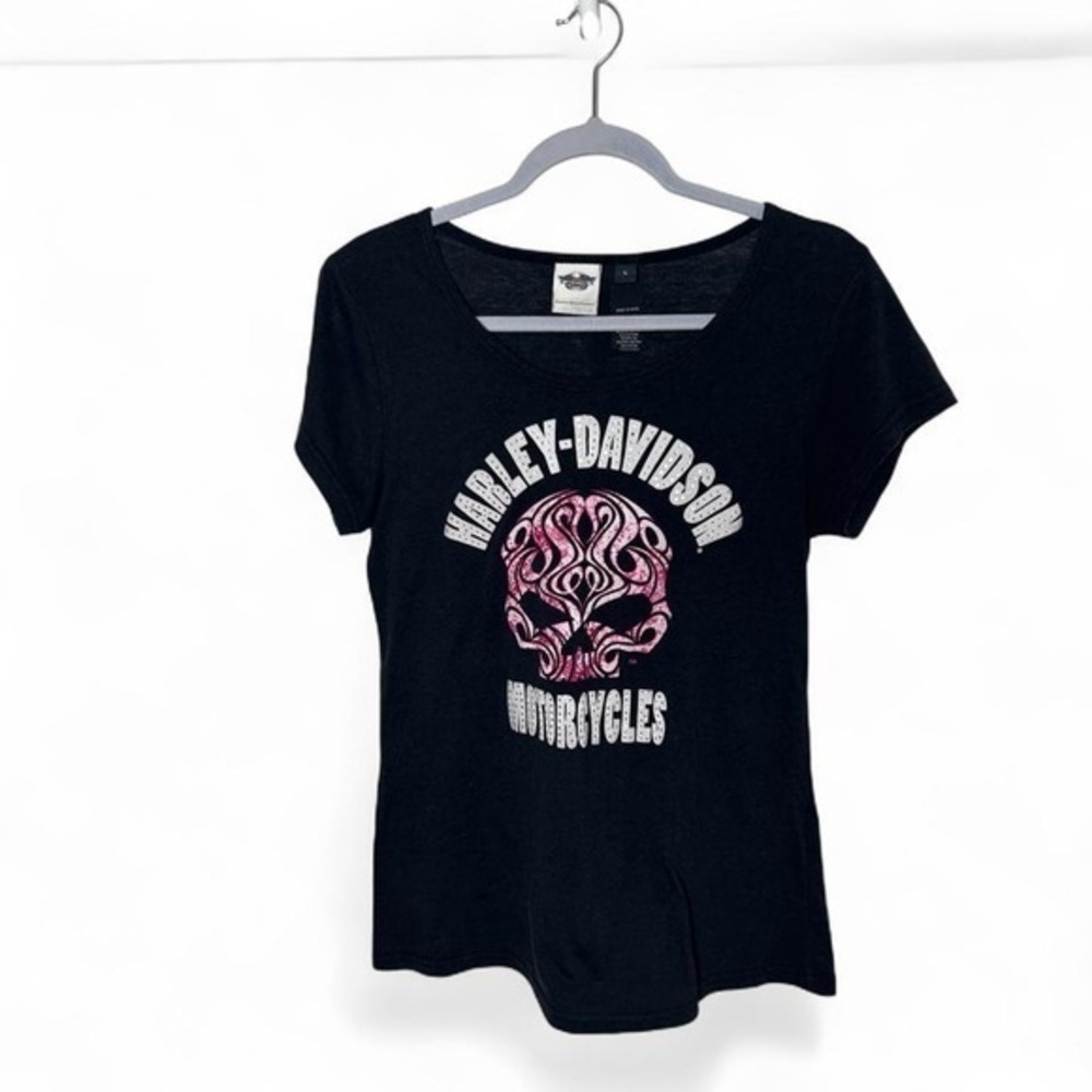 Harley Davidson black baby tee with pink skull design‎ rhinestones Size L